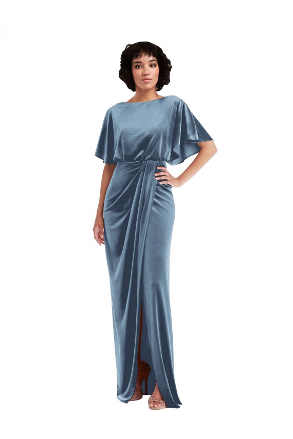 Affordable Flutter Sleeve Open Back Velvet Maxi Prom Dress with Pockets & Draped Wrap Skirt UK