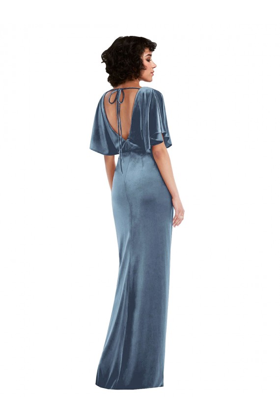 Affordable Flutter Sleeve Open Back Velvet Maxi Prom Dress with Pockets & Draped Wrap Skirt UK