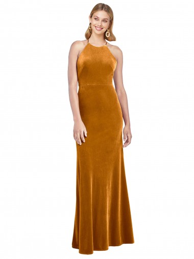 Affordable Halter Neckline Long Full Length Velvet Prom Dress with Strappy Back UK