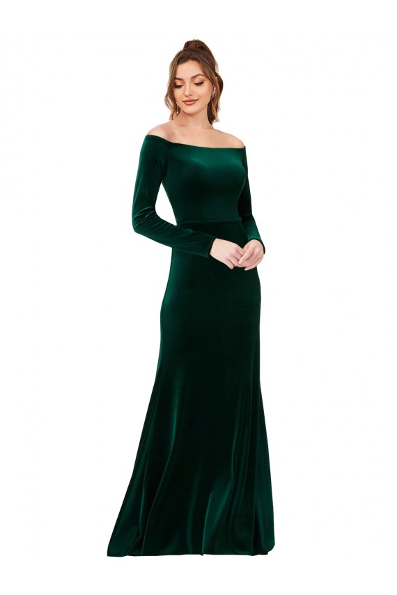 Affordable Off the Shoulder Long Sleeves Stretch Velvet Prom Dress UK