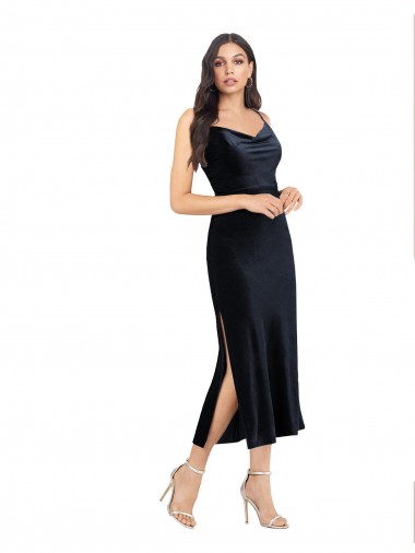 Affordable Midi Length Velvet Cocktail Prom Dress / Homecoming Dress with Cowl Neck and Spaghetti Straps UK