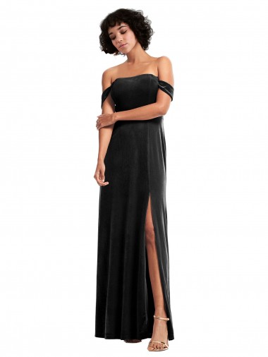 Affordable Off the Shoulder Drapped Sleeves Stretch Velvet Prom Dress UK