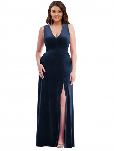 Affordable Deep V-Neck Sleeveless Velvet Maxi Prom Dress with Pockets UK