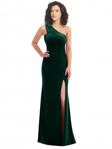 Affordable One Shoulder Velvet Trumpet Prom Dress with Front Slit UK