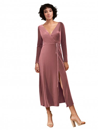 Affordable Long Sleeve Velvet Faux Wrap Midi Length Prom Dress UK