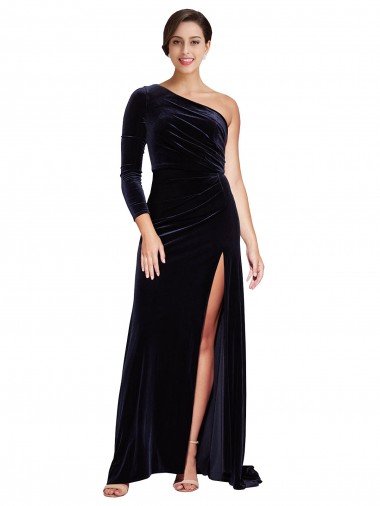 Affordable One Sleeve Long Velvet Prom Dress with Thigh High Split UK