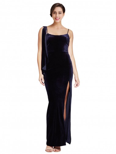 Affordable Long Velvet Prom Dress with Side Thigh Split and Shoulder Tie UK