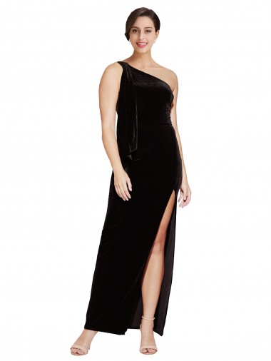 Affordable One Shoulder Long Velvet Prom Dress with Side Split and Shoulder Tie UK